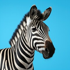 Fototapeta na wymiar Zebra's head on blue background with copy space