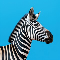 Zebra's head on blue background with copy space