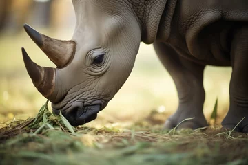 Fotobehang rhino feeding on low shrubs, close view © primopiano
