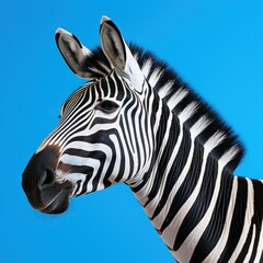 Fototapeta na wymiar Zebra's head on blue background with copy space