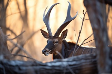 backlit sable antelope with horns glowing in golden hour - obrazy, fototapety, plakaty