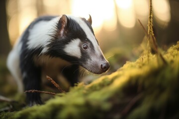 skunk胢s eyes illuminated by last rays of sun in the forest