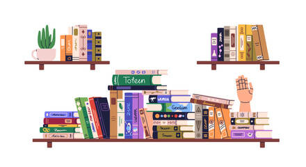Books pile, heap on shelf. Bookshelves, home library. Many school textbooks, fiction and art literature for education, learning, studying. Flat graphic vector illustration isolated on white background © Good Studio
