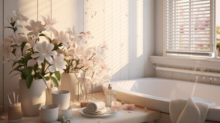 A bath tub sitting next to a window filled with flowers