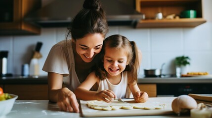 Mère et fille heureuses préparant des crêpes dans une cuisine moderne pour la Chandeleur