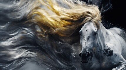A white horse with long blonde hair running in the water