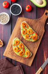 Sandwiches with shrimp and guacamole. Healthy eating. Diet. Breakfast.