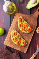 Sandwiches with shrimp and guacamole. Healthy eating. Diet. Breakfast.