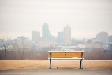 lonely bench facing a fog-covered city skyline
