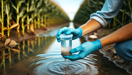 Collecting a water sample from a stream of water to measure any contaminants that may have run off from the agriculture crop farming in the form of pesticides or fertilizers. 