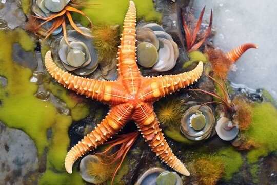 detail of starfish arms intertwined with tide pool flora