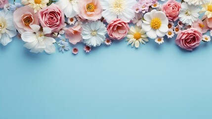 Delicate pastel blooms: petal frame on tranquil blue background, top-down view