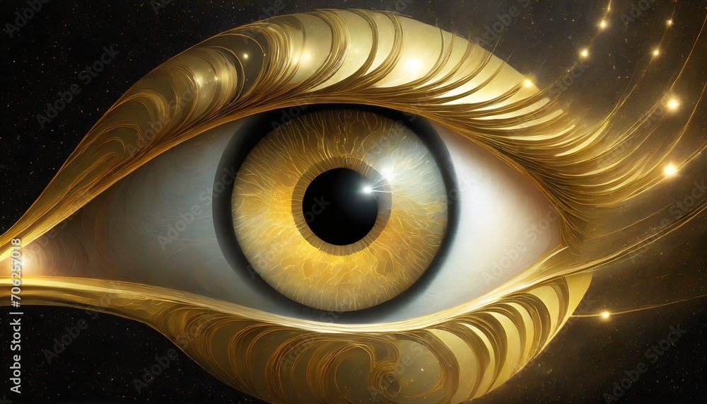 Wall mural golden shining eye in space universe on black background