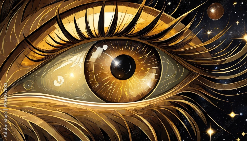 Wall mural golden shining eye in space universe on black background