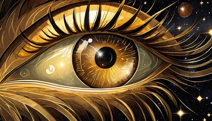golden shining eye in space universe on black background