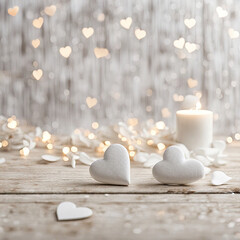 Obraz na płótnie Canvas Cute white wedding elements heart over white wood table top surface