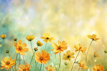 Cute watercolor of yellow cosmos flowers with copy space background.