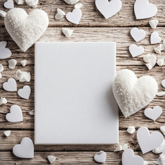 Cute white wedding elements heart over white wood table top surface