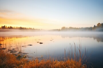 Fototapeta na wymiar thick fog rolling over a lake at dawn