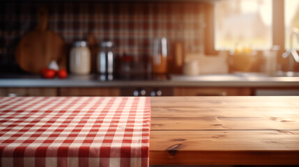 Obraz na płótnie Canvas Wooden countertop and tablecloth on blurred kitchen interior background. Ready for display, banner for product.