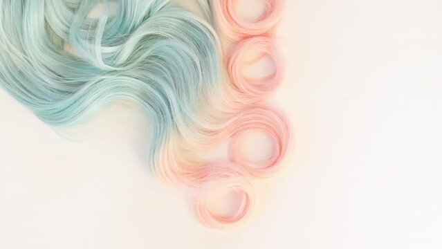 Colorful shiny wavy hair on white background. Shiny woman hair strand, curl. Hair care and beauty salon. Natural cosmetic products. Hair color palette. High quality 4k footage