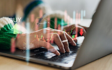 Successful trader use laptop trading stock exchange graph money, global economic, trader...