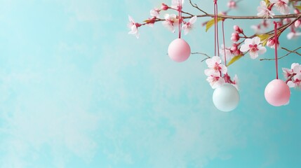 Obraz na płótnie Canvas Easter delight: pastel pink eggs on blossoming branch, vibrant turquoise background - copy space for greetings or invitations