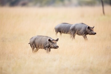 warthog family trotting across the savanna