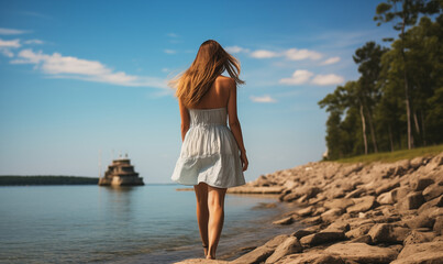 Atrakcyjna dziewczyna w krótkiej letniej sukience idzie boso wzdłuż brzegu morza widok z tyłu. Piękna letnia pogoda - obrazy, fototapety, plakaty