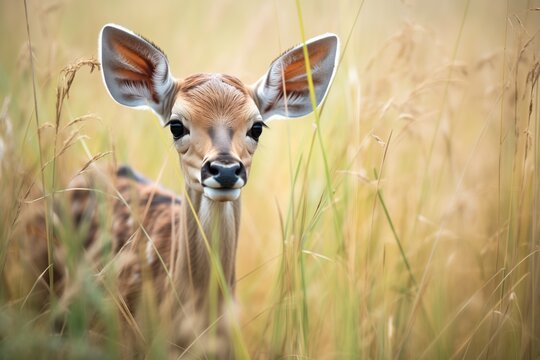 topi calf hiding in tall savannah grasses