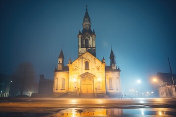 Fototapeta na wymiar abandoned church at nighttime with fog