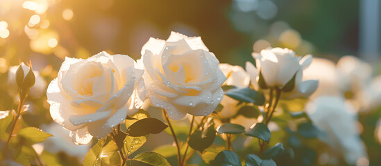 White rose flower in the garden and sunlight with bokeh,Generative AI