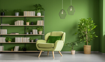 Jasne wnętrze, dużo światła, zielona sofa i krzesło na tle zielonej ściany z półką na książki. Skandynawski wystrój nowoczesnego salonu z zielenią - obrazy, fototapety, plakaty
