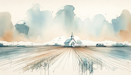 Watercolor painting of a little church in the Countryside - obrazy, fototapety, plakaty