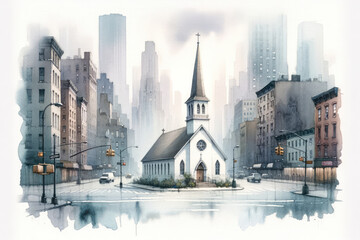 Obraz premium Watercolor painting of a little church in New York, cityscape skyline