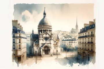 Deurstickers Watercolor painting of a little church in Paris, France, cityscape skyline © Faith Stock