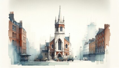 Watercolor painting of a little church in London, cityscape skyline - obrazy, fototapety, plakaty