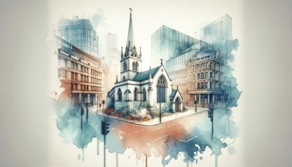 Watercolor painting of a little church in London, cityscape skyline