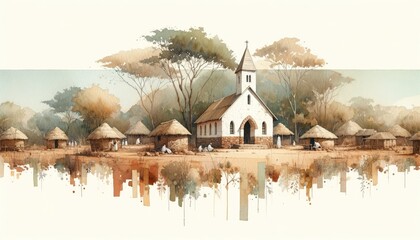 Watercolor painting of a church in a little african village