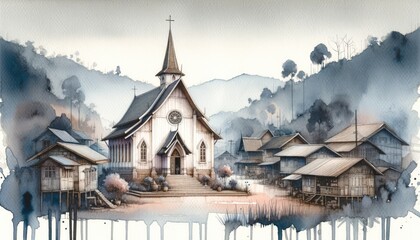 Watercolor painting of an old wooden church in a little asian village