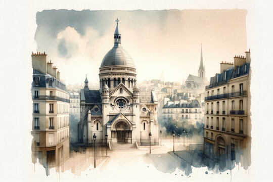 Watercolor painting of a little church in Paris, France, cityscape skyline