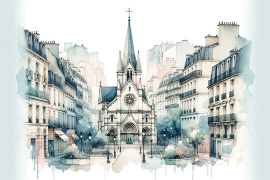 Watercolor painting of a little church in Paris, France, cityscape skyline