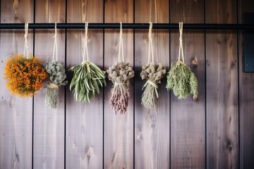 dried herbs hanging on a rustic wooden wall