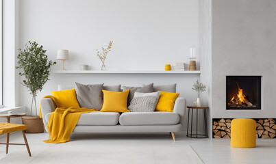 Jasna sofa z żółtymi poduszkami na tle betonowej ściany z kominkiem. Skandynawski wystrój wnętrz nowoczesnego salonu. Skandynawski wystrój wnętrz. Dużo światła. Jasne przestronne wnętrze