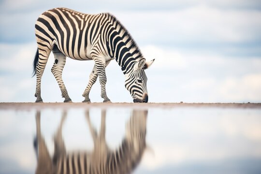 zebra drinking with reflection of clouds