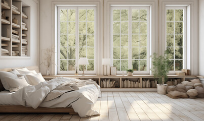Francuski wiejski projekt wnętrza nowoczesnej sypialni w wiejskim domu. białe ściany jasne wnętrze z dużym oknem 