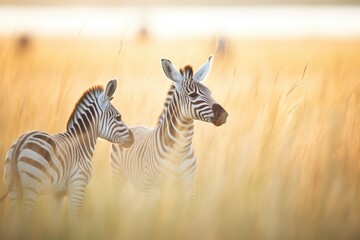 Fototapeta premium zebras interacting gently in a serene grassland