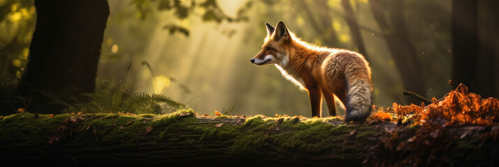realistic fox with bushy tail and black ears, walking on a dirt path through a forest with tall trees and colorful leaves, with rays of sunlight and mist creating magical atmosphere