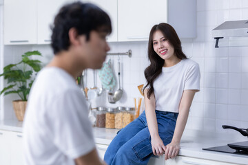 Happy portrait of cheerful young loving couple asian of having fun standing a cheerful preparing...