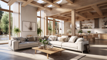 Elegant and spacious open concept interior rooms new construction with concrete floors designer decor wood beams on ceiling classic style